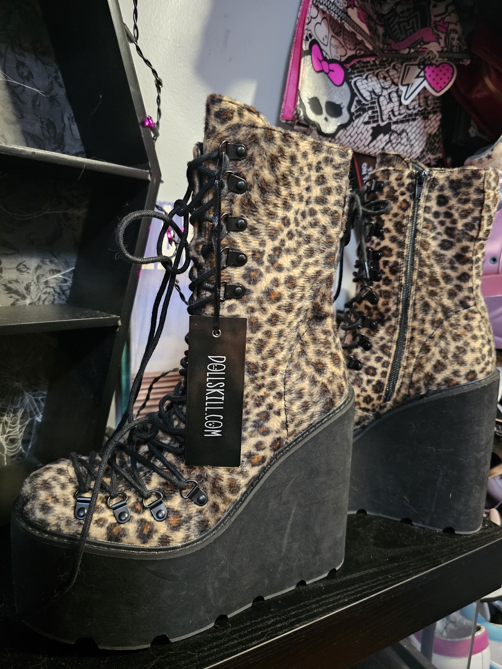 Dolls Kill Leopard Print Platform Wedge Ankle Boots - Brown/Black